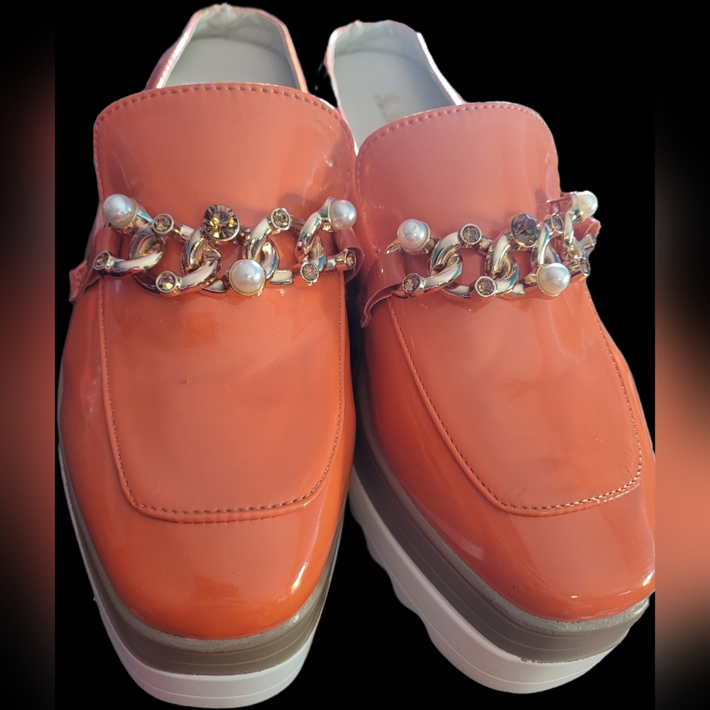 Women's Orange Patent Slip-On Loafers with Pearl Chain Detail